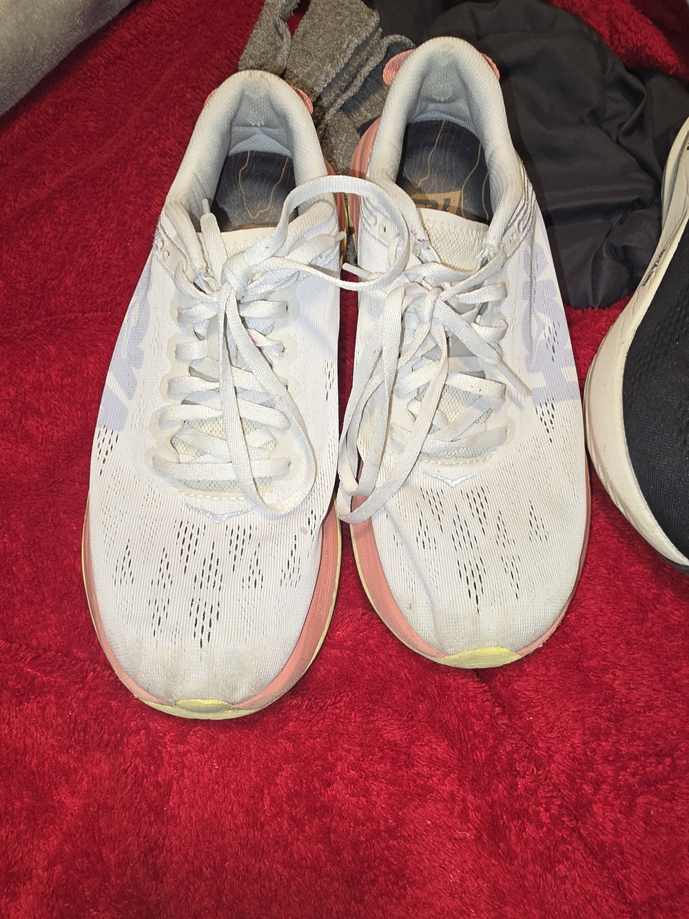 Hoka One One White Running Shoes with Coral Midsole